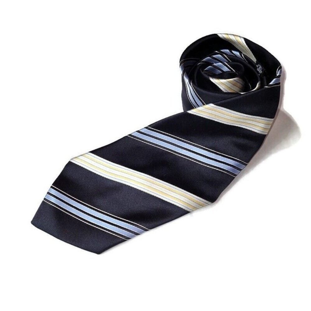 Via Vai Tie Men Silk Necktie Hand Made in Italy Black Blue/Yelllow Stripes‎
